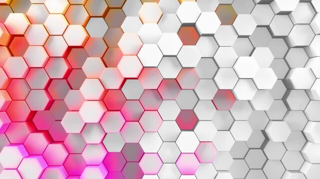 3d rendered patterned hex shapes background in white and a glowing rainbow of color. Abstract backgrounds of hexagonal patterns in looping gradient of neon colors. Hexagon collage in loop movement.
