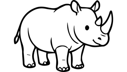 Friendly cartoon rhinoceros standing profile black and white line art illustration isolated on transparent background © mrzn