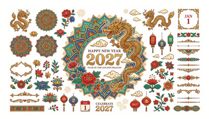 Comprehensive 2027 chinese new year design elements and borders with ornament illustration celebration traditional decorative oriental mythology calendar greeting prosperity collection © Shaon