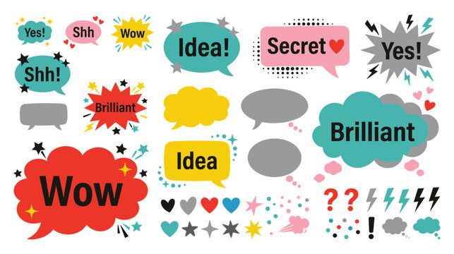 Set of colorful speech bubbles and comic elements with expressions like yes, shh, wow, idea, secret, brilliant. includes hearts, stars, question marks, and exclamation points.
