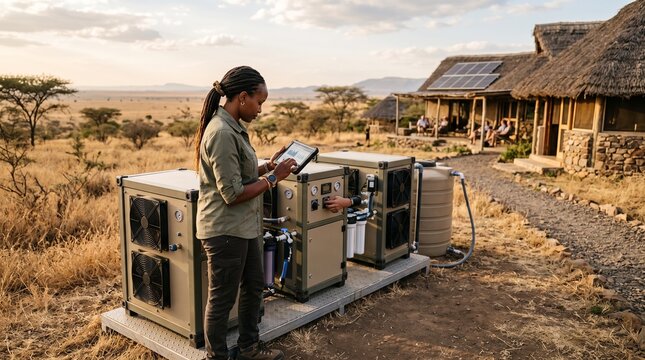 Woman operating water purification system at African safari lodge