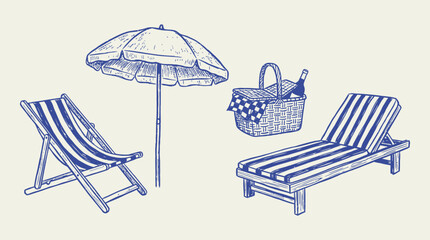 Sketched vector illustration of a summer beach setup featuring a wooden deck chair, sun umbrella, and a traditional picnic basket on sand, perfect for vacation and holiday leisure themes. © Thai