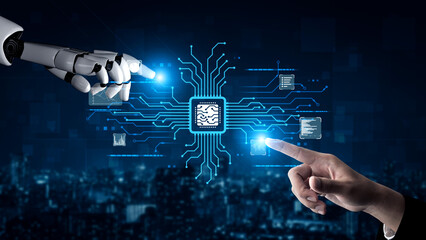 Fototapeta premium AI Assistant Brain Processor with LLM Technology, Big Data, Machine Learning, Generative AI for Business Support, Future Agentic AI Technology and Artificial Intelligence Prompt Engineering. Vouch