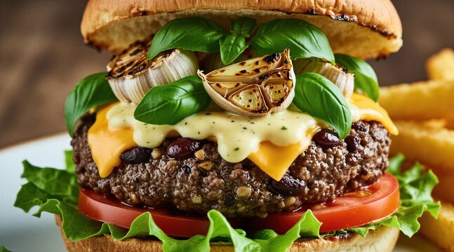 Gourmet burger with beef patty, melted cheese, roasted garlic, fresh basil leaves, tomato slice, lettuce, and sauce. Served with fries. Delicious meal for lunch or dinner.