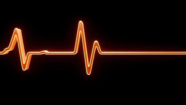 A bright orange neon heartbeat rhythm pulse displays cardiac activity across a dark void to represent emergency medical care and vital physiological status for patients in a hospital urgent ward