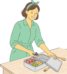 Fototapeta premium Happy woman packing fresh fruits into a lunchbox on a wooden table