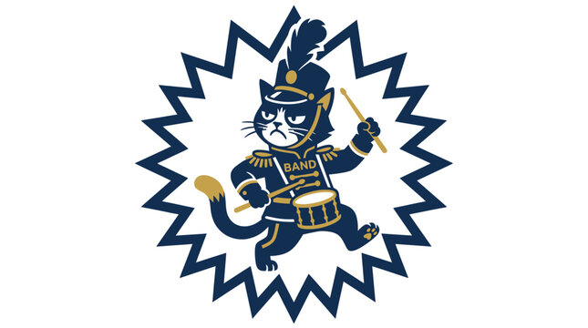 Grumpy Cat Drummer in Marching Band Uniform Playing Drums