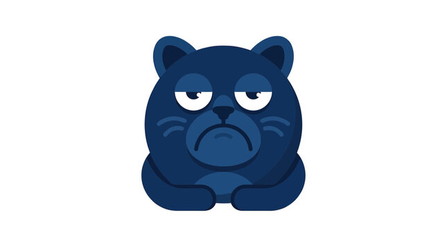 Sad Blue Cartoon Cat Face, Bored and Tired Expression, Isolated on White