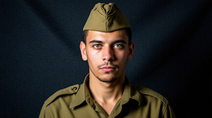 Fototapeta premium Young man in olive military uniform and cap poses seriously against dark textured background. He has bright green eyes and a clean-shaven face, looking directly forward.