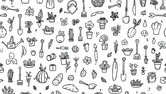 Gardening and organic farming seamless pattern doodle icons for spring agriculture backyard planting botanical background horticulture tools fabric textile design vector