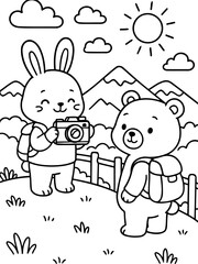 Fototapeta premium Cute Bunny and Bear Backpackers: A friendly bunny holding a camera and a cute bear with a backpack are ready for an outdoor adventure in a scenic landscape with mountains and sunshine.