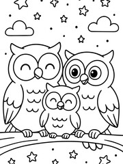 Fototapeta premium Owl Family Coloring Page: A charming illustration depicts a family of owls, including parents and a young chick, perched on a branch under a starry night sky.