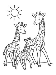 Naklejka premium Cute Giraffe Family Coloring Page: A charming illustration depicts a giraffe family, including two adults and a baby, standing under a stylized sun, perfect for a coloring activity.