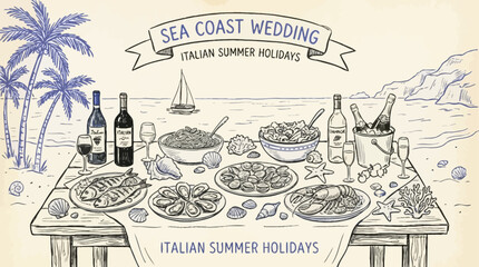 Artistic Hand Drawn Illustration of a Romantic Sea Coast Wedding Banquet Featuring Sparkling Wine Seafood Platters and Coastal Seashell Decorations for Elegant Maritime Marriage Celebration © Thai