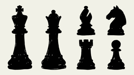 Sophisticated black chess figures set on a contemporary game board illustrating strategic thinking, intellectual competition, and tactical leadership concepts with dark silhouettes. © Thai