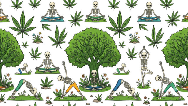 Skeleton yoga meditation seamless pattern with cannabis marijuana leaves and green tree background for medical hemp wrapping textile vectors