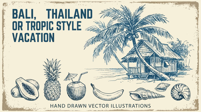 Hand drawn vector illustration of a tropical Bali or Thailand vacation theme with vintage grunge texture, featuring palm trees and exotic travel elements in an artistic sketch style.