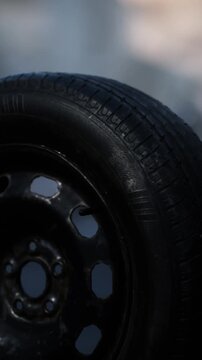 A black tire stands upright, showcasing its tread design clearly. The background has a soft focus, highlighting the tire. This scene captures a moment in an outdoor setting.