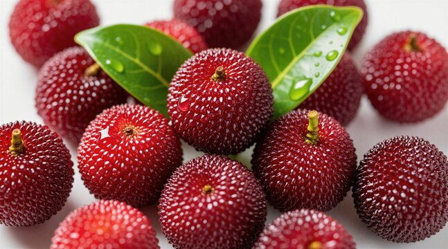 Small red buni fruits detail macro. Red buni berries with green leaves and water drops. Fresh exotic round fruits closeup. Healthy raw food collection for diet.