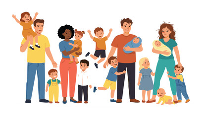 Fototapeta premium Diverse parents with many children comparison set showing happy energetic families versus stressed tired mother and father with crying babies