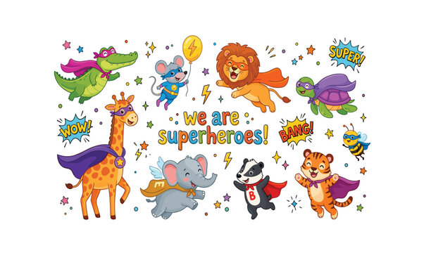 Cute cartoon superhero animals vector set featuring lion, elephant, giraffe, tiger, crocodile flying with capes and comic text elements