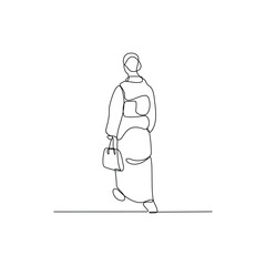 Obraz premium Japanese woman standing in kimono continuous line icon, traditional female character vector illustration in minimalist one line outline style, isolated on white background for culture design