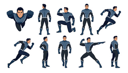 Male superhero character in blue suit action poses set flat vector illustration bundle isolated on white background © Ruma
