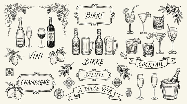 Hand drawn ink line art illustration of the Italian dolce vita lifestyle featuring Sicilian Amalfi coast vibes with traditional wine glass cold beer bottle and refreshing summer cocktail drinks.