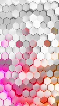 3d rendered patterned hex shapes background in white and a glowing rainbow of color. Abstract backgrounds of hexagonal patterns in looping gradient of neon colors. Hexagon collage in loop movement.