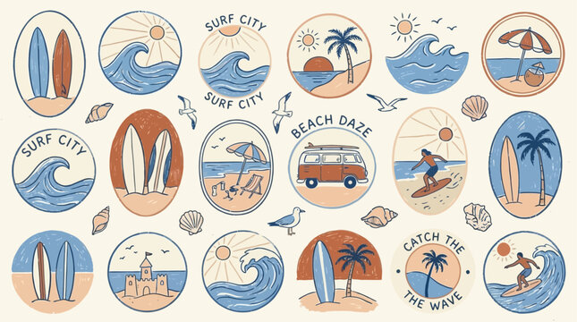 Hand Drawn Tropical Beach and Surf Doodle Collection with Summer Icon, Ocean Wave, Palm Tree, and Nautical Element Sketch Vector Illustration Vignette Set for Island Vacation Travel Design