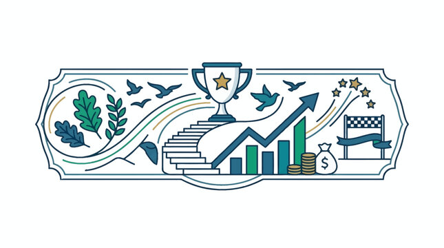 Business growth and achievement illustration featuring trophy stairs and bar chart symbols.