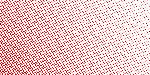 Obraz premium Red color halftone gradient texture. Vanishing cartoon polka dot background. Repeating dotted gradation pattern. Fading comic pop art overlay backdrop. Raster halftone effect wallpaper. Vector
