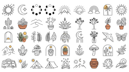 Boho celestial and cottagecore lifestyle line icons set for astrology magic mindfulness outdoor camping cozy hobbies spiritual wellness graphics vectors © Sakhawat Hossen 