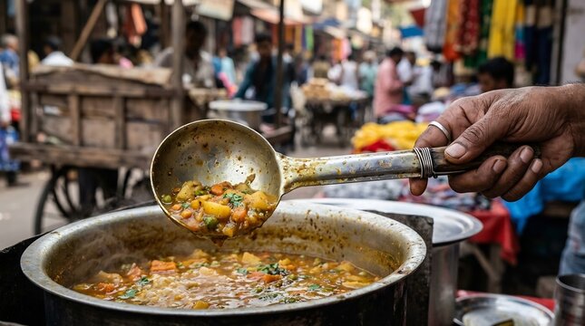 Traditional Indonesia street vendor serving vegetable stew with a large metal ladle at a busy outdoor market stall