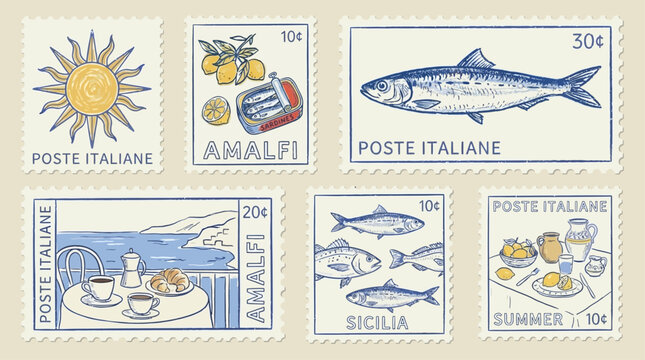 Vintage Summer Travel Postage Stamp Collection Vector Illustration Featuring Amalfi Sicily Coastal Scenes Mediterranean Italian Landmarks Retro Postal Mark Graphic Artistic Souvenir Tourism Art