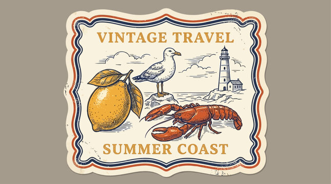 Vintage Nautical Postage Stamp Set Illustration with Yellow Lemon White Seagull Red Lobster and Coastal Lighthouse for Maritime Wall Art and Retro Sticker Design Graphic Elements