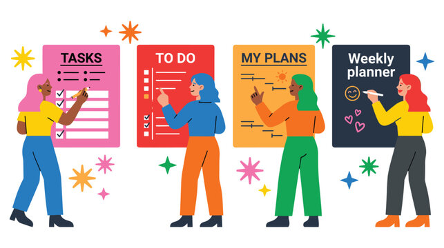 People managing tasks and weekly schedules with colorful sticky notes and task planners.