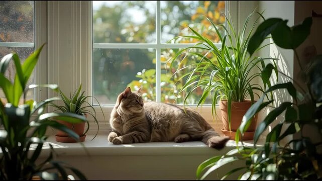 Sunlit tabby cat lounging windowsill with potted plant and green houseplant, peaceful sunlight
