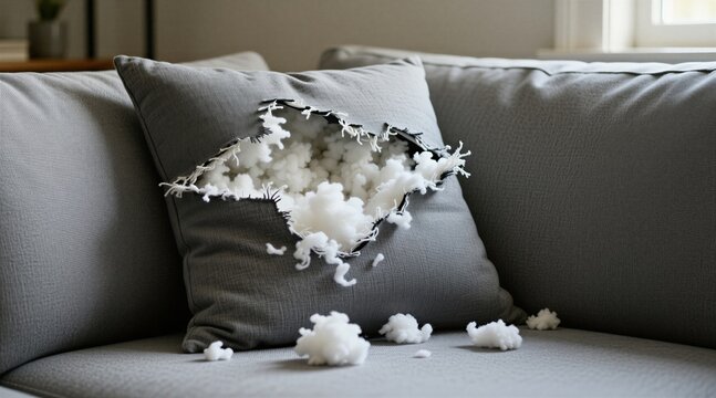 Torn grey pillow spills white stuffing onto couch. Damaged cushion sits on sofa, fabric torn showing fluff filling inside. Messy home interior furniture decor detail.