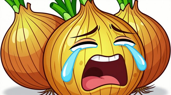 Cartoon onion character cries with big tears streaming down its face. Vegetable is sad and unhappy, mouth open in distress. Other onions in background are blurred.
