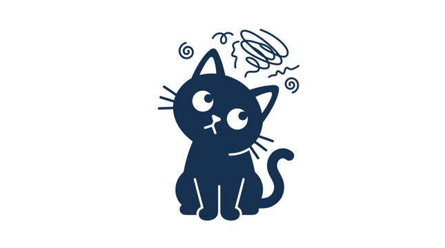 Confused Black Cat Sitting with Swirling Thoughts Above Head
