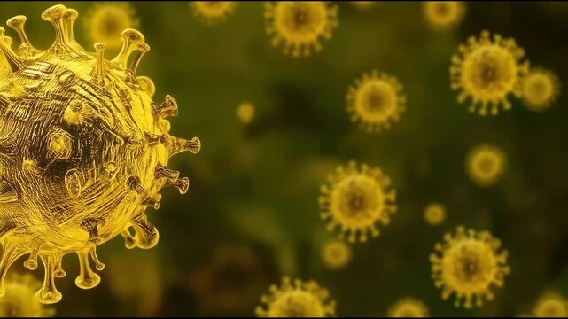Golden virus microscopic particle closeup with glowing spike details and blurred pathogen copies