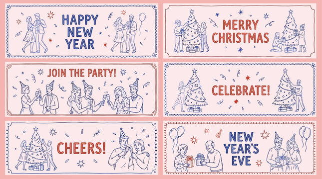 Seventeen Retro Vintage New Year Celebration Banner Doodle Art Poster Collection featuring Cute Hand Drawn Line Graphics and Seasonal Holiday Party Greeting Placard Design Templates