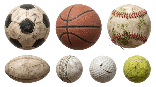 Collection of well-worn sports balls including soccer, basketball, baseball, rugby, cricket, golf, and tennis PNG Isolated on transparent background