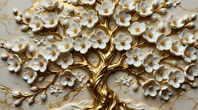 Golden tree with white blossoms and intricate textures. Elegant floral art piece symbolizing growth and beauty. Luxurious nature inspired design.