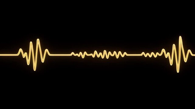 A luminous golden sound wave pulses rhythmically across the darkness to represent electronic signals while displaying fluctuating patterns that track the frequency of dynamic audio recording