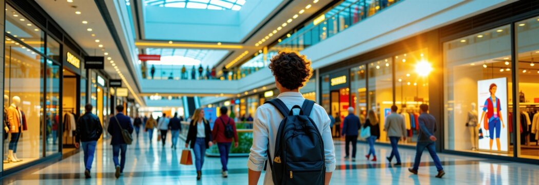 Man with backpack walks in modern shopping mall with many stores and people. Bright sun glare reflects off glass windows. Shoppers browse goods inside.