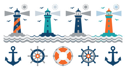 Nautical sea theme flat vector icons featuring lighthouses anchors wheels and life buoys. © KALPANA AKTER