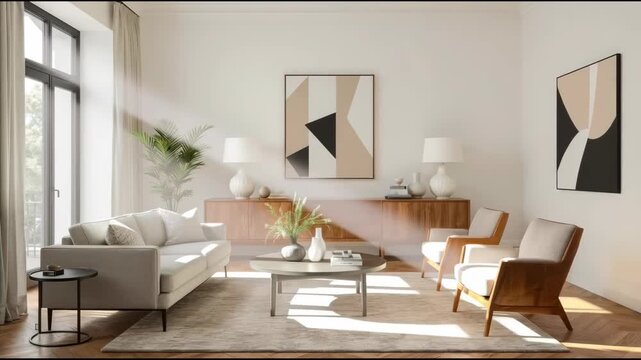 Modern living room neutral decor with sunlit sofa, wood sideboard and calm midcentury ambiance