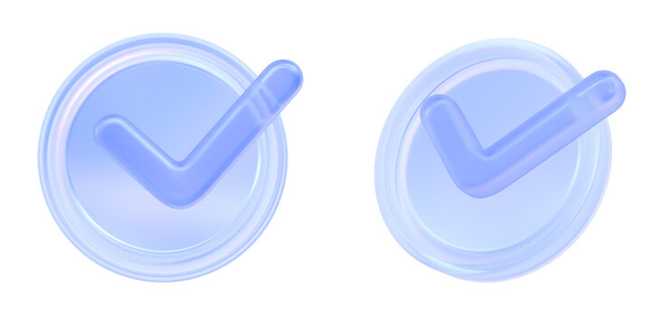 3D check mark icon isolated on transparent background, concept of approval, success and confirmation. Transparent Liquid Glass icon. 3D rendering. Front and Angled Perspective View.